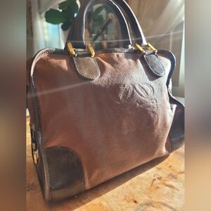 LOEWE Leather Brown Anagram Logo Handbag Tote Travel Bag